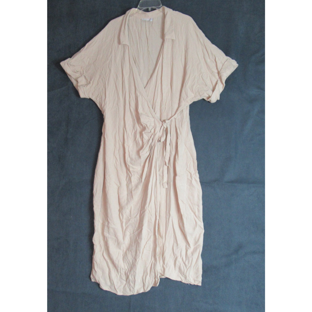 ASOS Design Dress Womens 16 Beige Wrap Short Sleeve Linen Blend Luxury Rich Girl